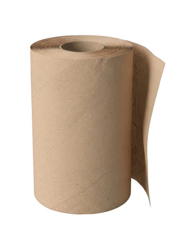 The image depicts a roll of brown paper towel. The paper towel appears to be made of recycled or kraft paper and is unrolled slightly, showing its texture and thickness. The roll is cylindrical and has a simple, utilitarian appearance, suitable for various cleaning tasks.