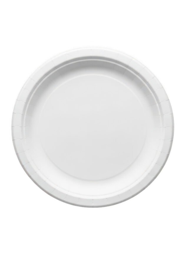 The image depicts a single, empty white paper plate. The plate is round with a smooth, unblemished surface and a slightly raised rim. It is set against a plain white background, emphasizing its simplicity and utility.