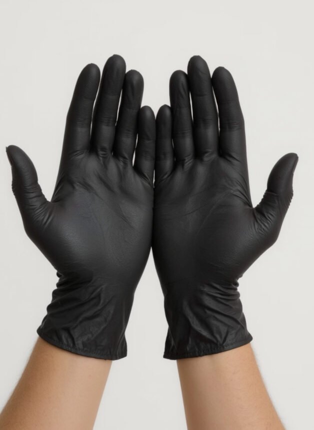 Hands Wearing Black Medical Gloves on White Background